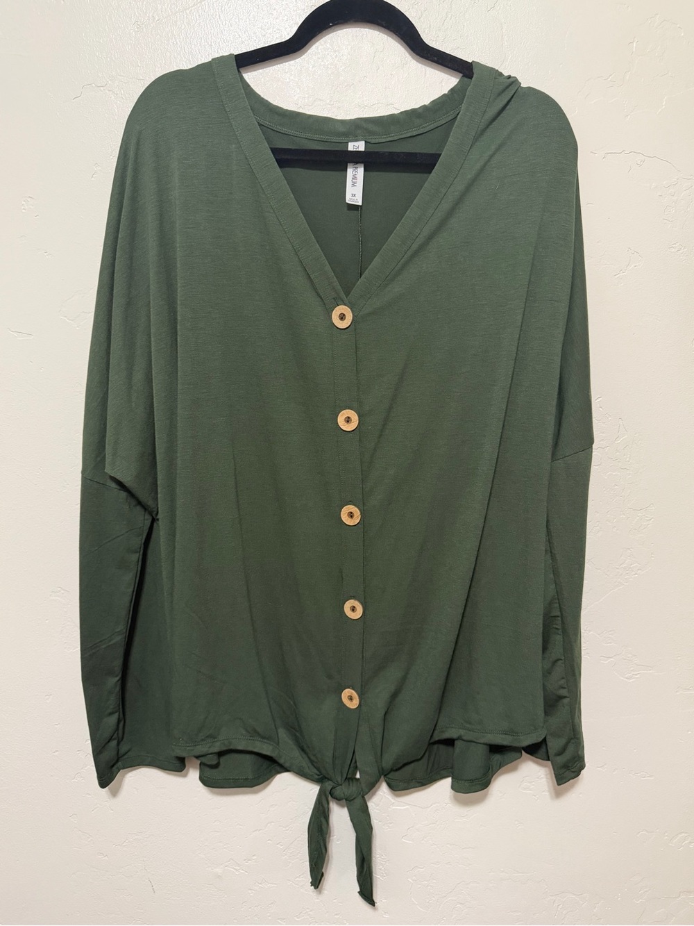 Zenana Olive Green Button-Front Tie Hem Top - 3X